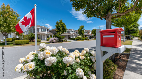 Canadian flag on pole by suburban street with mailbox and white hydrangeas for canada day neighborhood background and banner design