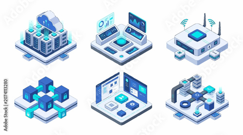 Isometric Technology Network Server Room Illustration.