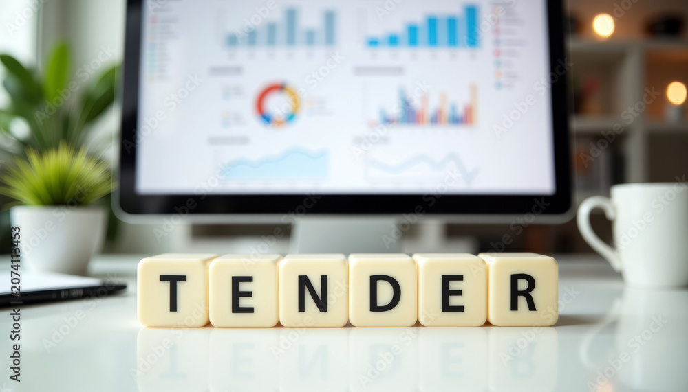 Fototapeta premium Procurement analytics workspace with TENDER blocks, financial charts and office plants for bid tracking, supplier evaluation and contract planning.