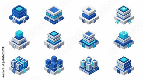 Isometric Blue Building Blocks Collection.