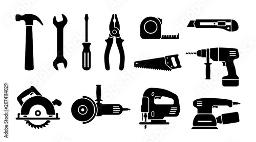 Black silhouette set of hand and power tool icons