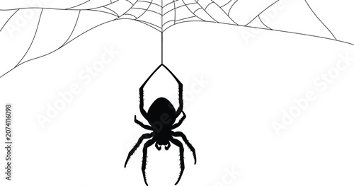 Photos Hand drawn silhouette of a spider hanging from a spiderweb with arachnid hallowe