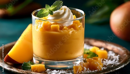 Refreshing Mango Mousse Dessert with Whipped Cream and Mint Garnish.