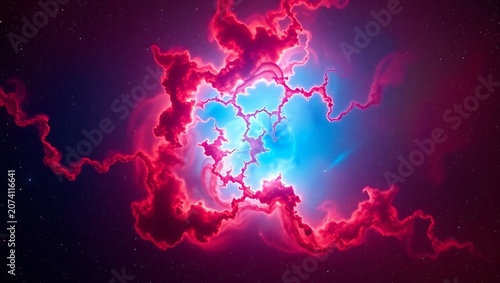 Abstract cosmic nebula with glowing blue center and vibrant red fractal clouds in space