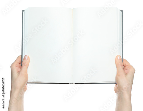 Hands holding an open book with blank pages, isolated on transparent background. Clean mockup template for publishing, education, reading, presentation and design projects