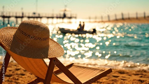 A Serene Beach Scene Featuring a Straw Hat on a Wooden Lounge Chair Overlooking a Sparkling Shoreline with Gentle Waves Under Golden Sunlight