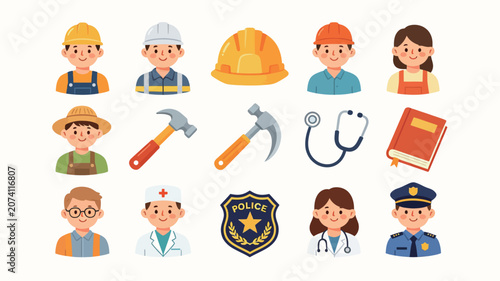 A comprehensive collection of colorful flat vector icons depicting diverse professions, tools, and symbols representing various careers in modern society