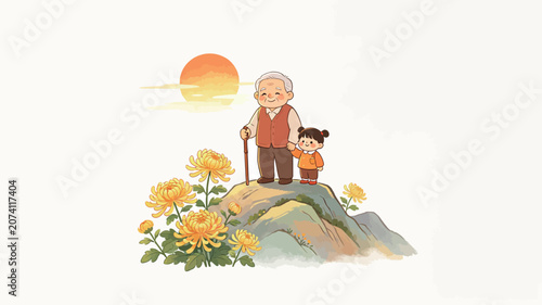 Adorable illustration of a grandfather holding a child's hand while standing on a rocky hill overlooking a sunset with blooming chrysanthemums, conveying warmth and family bonds.