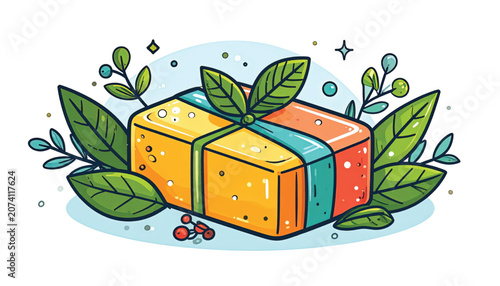 Colorful gift box with green ribbon.