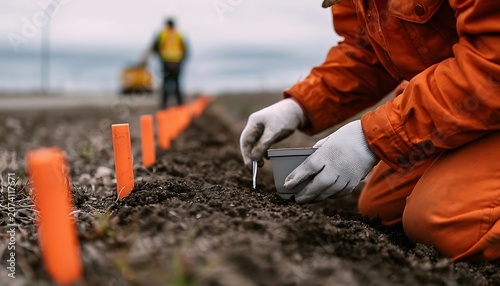 Environmental worker planting seeds in a field with orange markers.