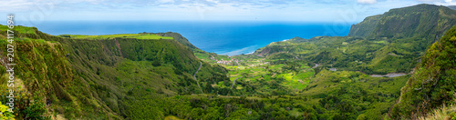 Mirante Craveiro Lopes overlooking Fajã Grande, panoramic image. Flores Island, Azores, Portugal.