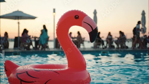A Vibrant Sunset Pool Scene Featuring a Cheerful Pink Flamingo Float with Guests Relaxing and Enjoying the Warm Evening Atmosphere by the Water's Edge
