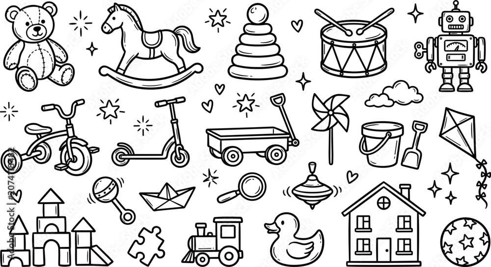 Fototapeta premium Baby and Children Vintage Toys Doodle Icon Set with Teddy Bear Rocking Horse Robot and Blocks Line Art Elements