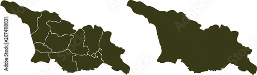 Dark olive green Georgia country map set showing regional divisions and blank outline silhouette