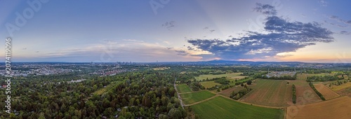 Frankfurt skyline and Taunus at sunset aerial panorama
