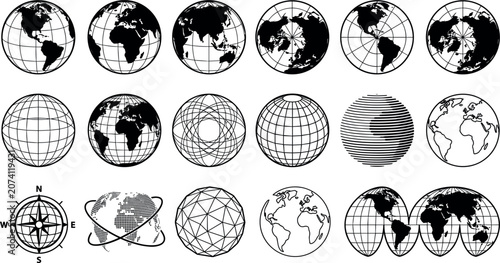 Photos Planet Earth Globe Silhouette Icon Set with World Maps Projection Grids Navigati