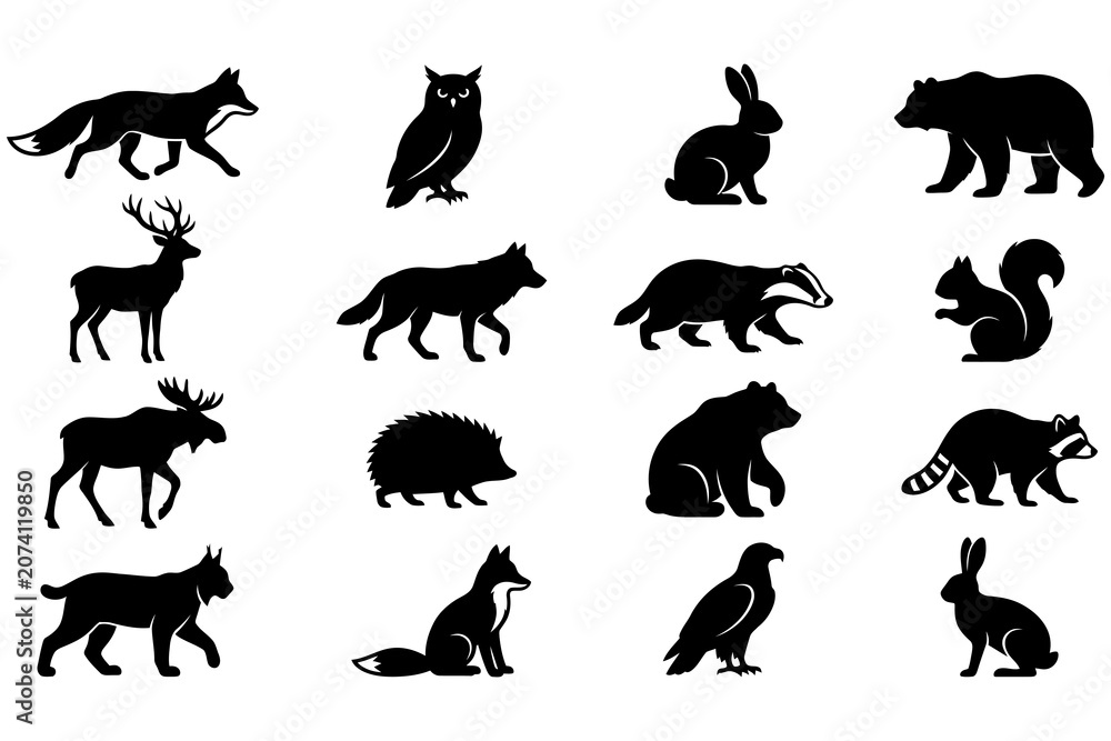 Obraz premium Black and White Silhouette Illustrations of Various Forest Animals