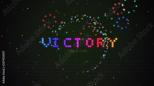 Victory Text Graphic with Retro Pixel Style Animation and Grid Background