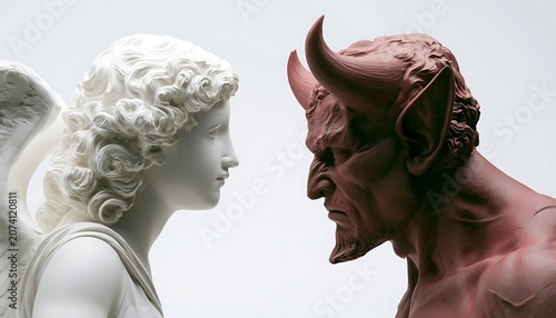 Sculptures of an angel and a devil facing each other in a symbolic representation of good versus evil.