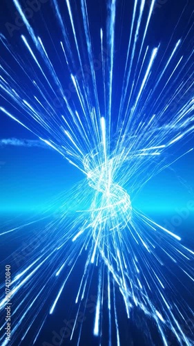 Electric blue spark bursts across a deep midnight horizon