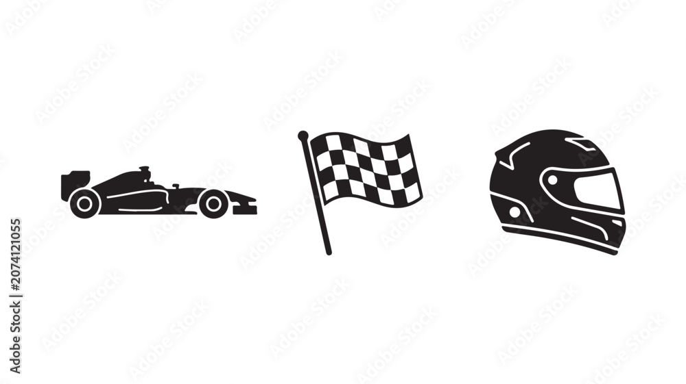 Naklejka premium Racing Car Silhouette With Checkered Flag And Helmet For Motorsport Concepts