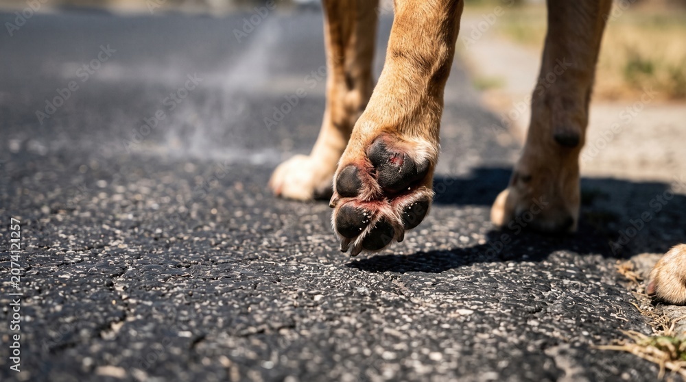 Obraz premium Dog paw on hot asphalt representing danger of extreme summer heat
