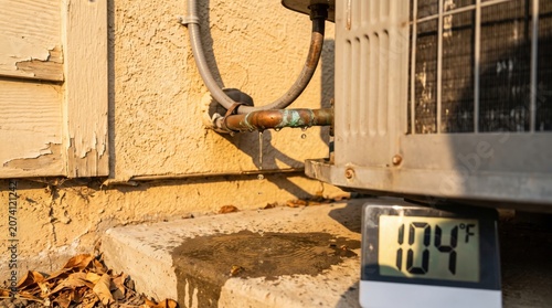 Close-up of air conditioning unit dripping water on residential exterior wall during summer