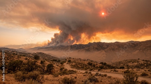 Wildfire smoke billowing over hills during intense environmental heatwave