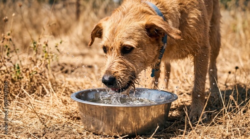 Thirsty dog cooling off with water from metal bowl during summer heatwave