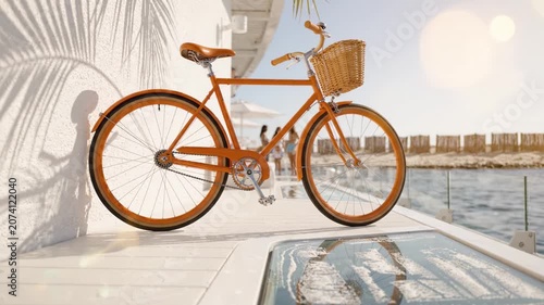 A Vibrant Orange Bicycle Stands Near the Water's Edge, Emitting a Relaxed Summertime Vibe with its Unique Design and Charming Basket Complementing the Scenic Background