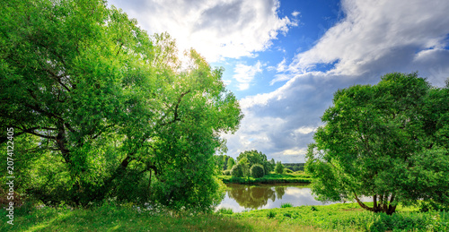 Trees line peaceful lake under blue sky with fluffy clouds