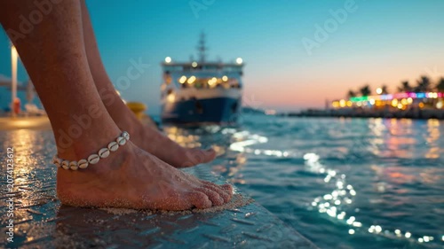 Serene Sunset by the Water's Edge: Capturing the Tranquility of Bare Feet on a Sandy Pier with a Boat in the Background Against a Dazzling Twilight Sky
