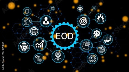 EOD, business concept. Modern business technology interface with gears and digital network icons. 4k animation video 