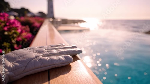 A Majestic View of a Serene Poolside with a Leather Glove Resting on a Wooden Rail, Amidst Colorful Flowers and a Glittering Ocean Background.