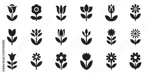 Bild auf Leinwand Large vector compilation of eighteen diverse flower icons featuring various petal shapes and stem designs, monochrome
