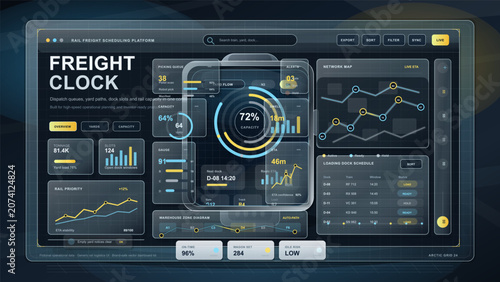 Obraz na płótnie Freight clock scheduling platform shows data for rail freight management and tra