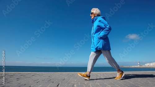 elderly woman power walking along seaside promenade under a blue sky. Perfect for active lifestyle, health, senior fitness advertising concepts