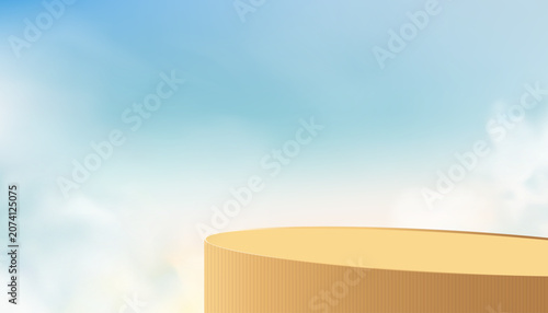 Background Podium on Sky Blue,3d Brown podium platform on white cloud for cosmetic product display,Summer sunrise banner with abstract mockup stand stage,Vector Nature Summer sky for Holiday banner