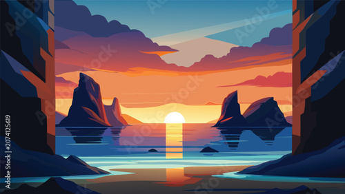 Ocean sunset framed by dark rocky cliff walls with landscape twilight reflection seascape illustration wallpaper outdoors background peaceful maritime formation atmosphere tranquility