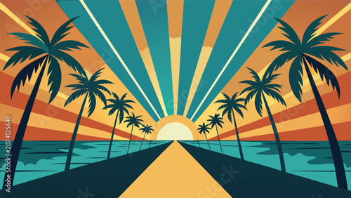 Retro style beach illustration with palm trees and sunset landscape vacation background illustration colorful relaxing relaxation destination shoreline sunlight paradise tropical
