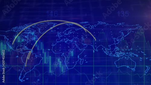 Konstfotografi Digital World Map with Global Financial Data and Currency Trade Lines, Visualizi