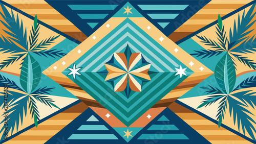 Seamless geometric tropical pattern with palm leaves and diamonds geometric tropical abstract background colorful ornament symmetrical wallpaper creative decorative illustration botanical