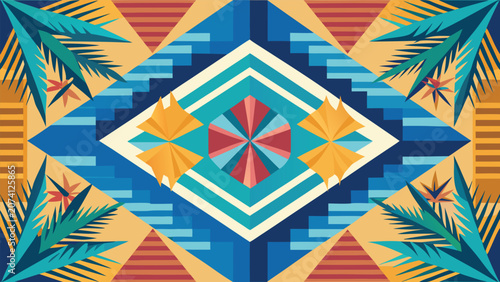 Abstract geometric pattern with palm leaf silhouettes and tropical colors geometric tropical abstract background colorful ornament symmetrical wallpaper creative decorative illustration
