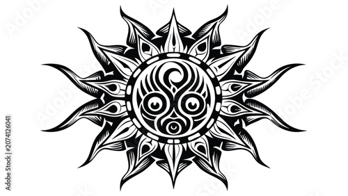 Detailed tribal sun face graphic illustration with ornament circular monochrome spiritual meditation mystical illustration intricate tradition abstract geometry minimalist decorative