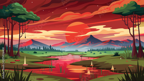 Red sunset over pixel art river landscape with mountains and trees landscape mountains dramatic reflection wilderness environment illustration stylized beautiful tranquil peaceful abstract