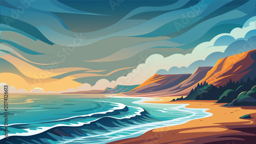 Stylized digital illustration of a scenic tropical beach at sunset with dramatic clouds landscape tropical illustration seascape vacation shoreline environment peaceful coastline panoramic