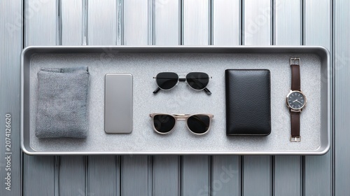 Minimal travel themed shot of personal items in tray moving on airport conveyor belt under clean lighting. Perfect for aviation industry, travel blogs, security systems, modern lifestyle storytelling