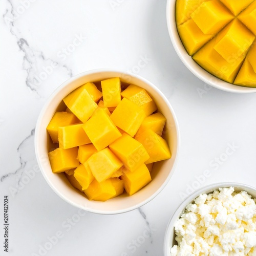 Chopped mangoes in a white bowl on a white background