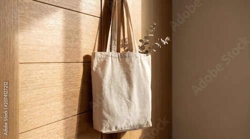 Natural Linen Tote Bag with Rope Handles Hanging on Wooden Wall — Minimal Product Shot