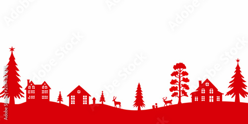 Obraz na plátne Winter scene silhouette with trees houses and reindeer on white background